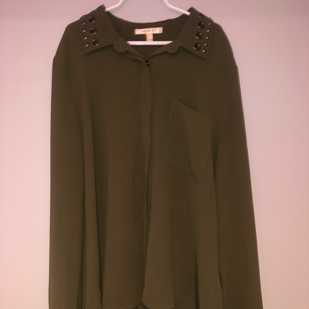 Skies Are Blue Olive Green Button Down Blouse